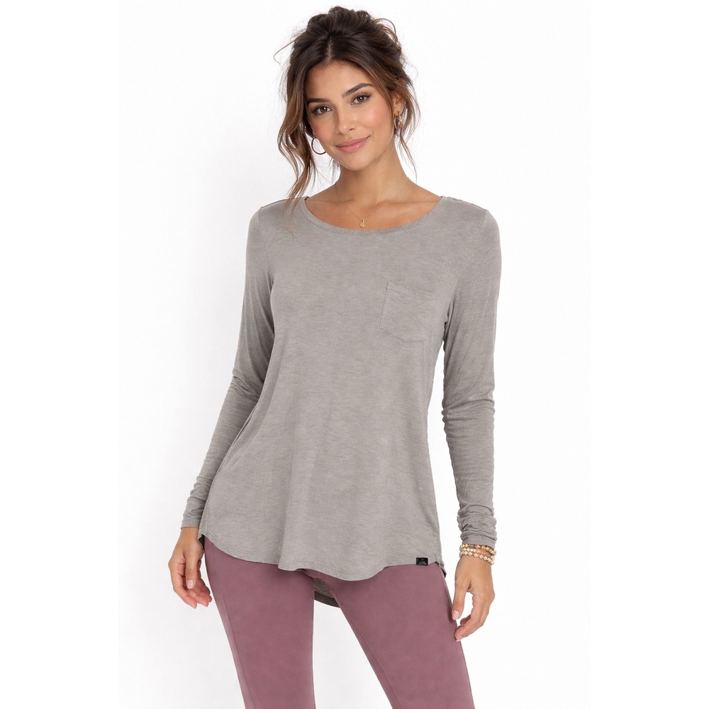 Prana Womens Long Sleeve Pocket Tee Grey High Low Hem L Lagenlook‎ Hobo 102-69
